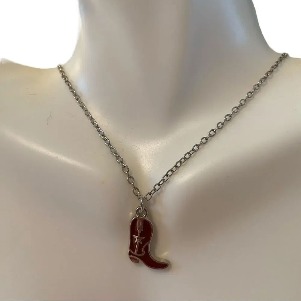 Red & Silver Cowboy Boot Mini Pendant on Silver tone Chain.